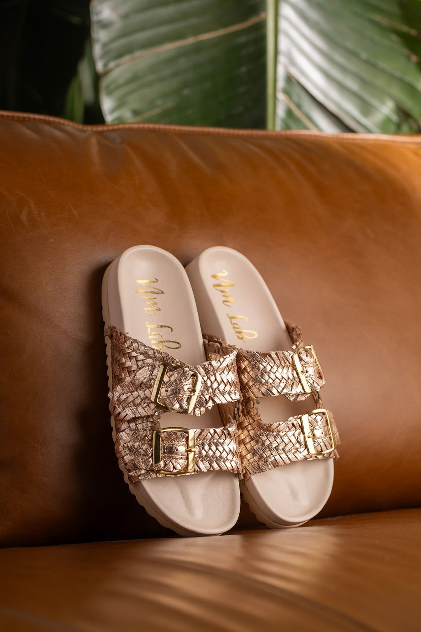 Intertwine Dual Woven Strap Slide in Champagne (Online Exclusive)