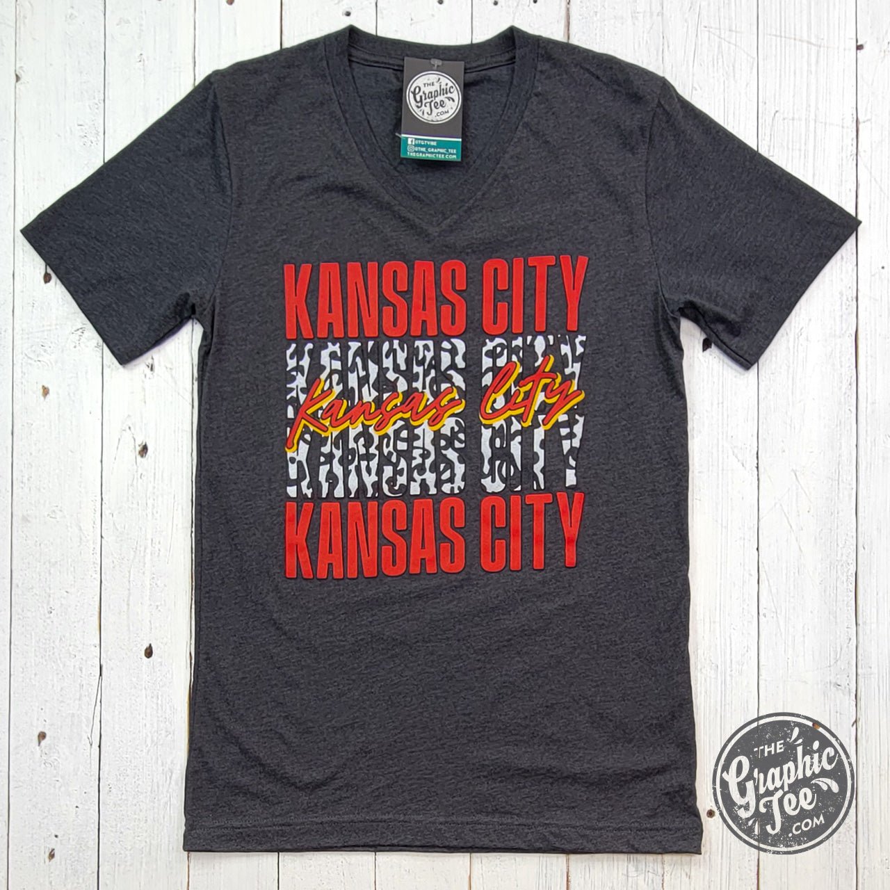 Kansas City Stacked With Leopard Dark Grey Heather V Neck Short Sleeve Tee