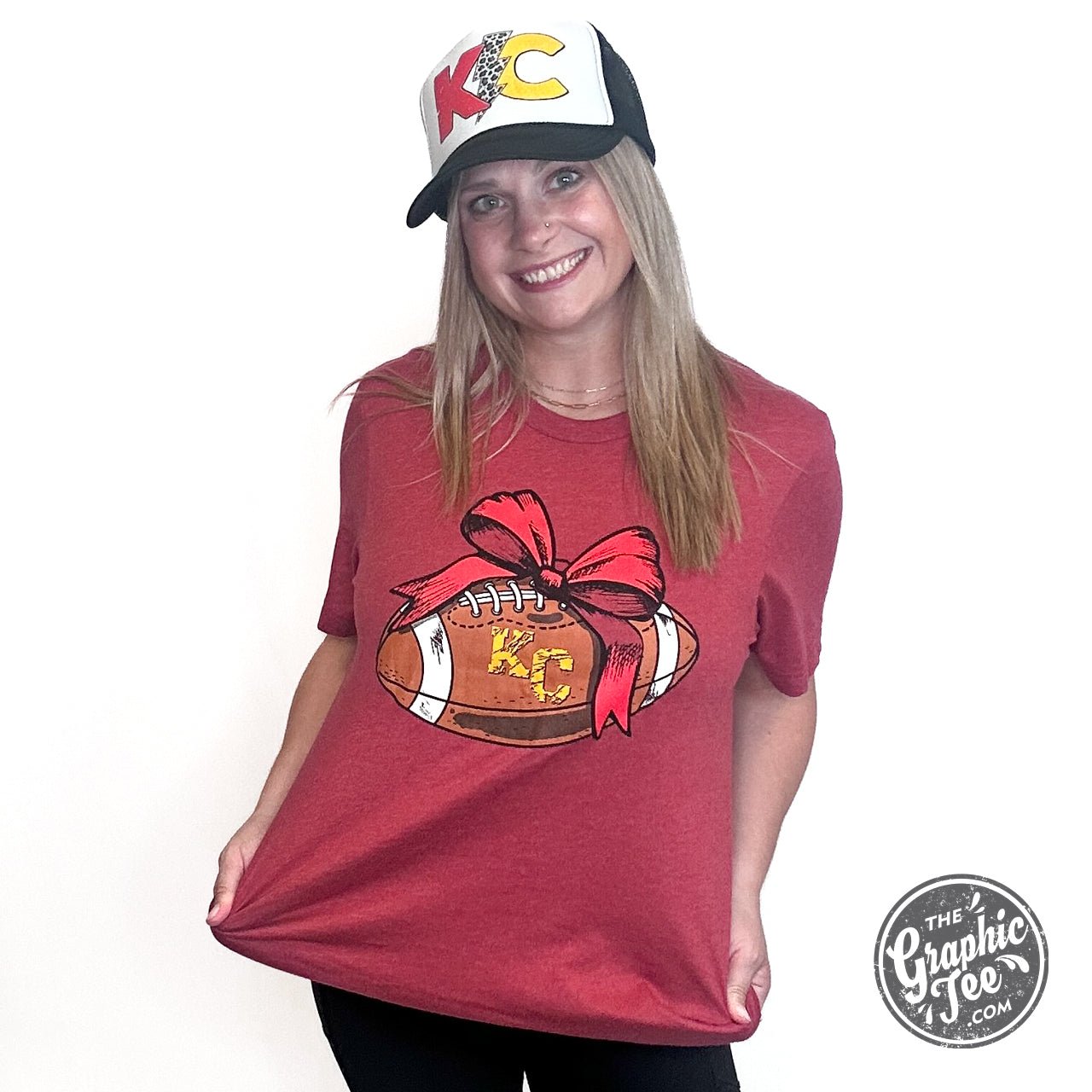 KC Football Bow Heather Cardinal Short Sleeve Crewneck Tee