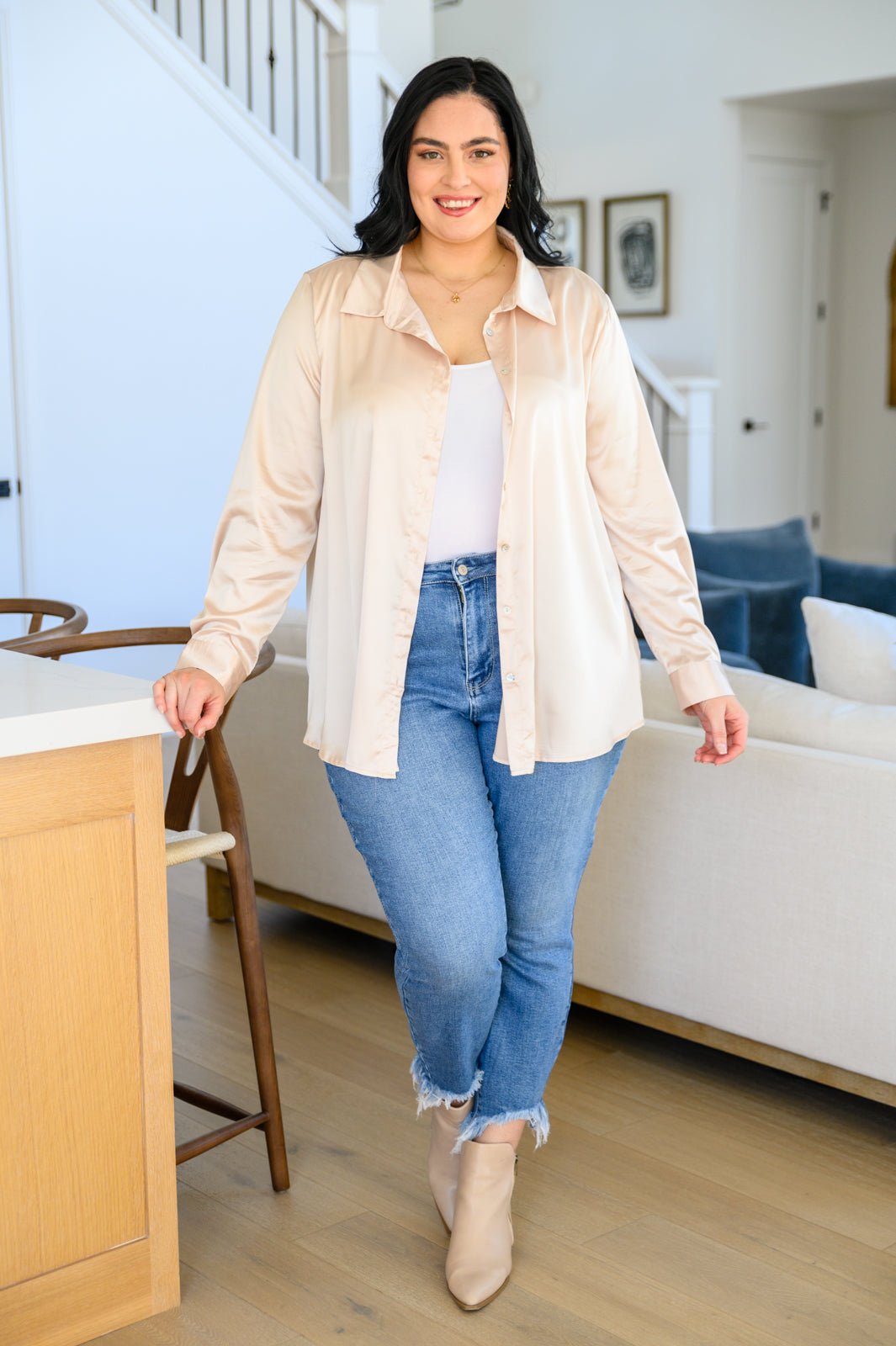 Loved For Years Satin Button Up In Beige (Online Exclusive)