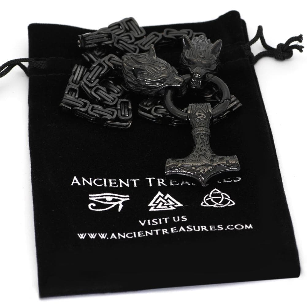 Vikings Wolf Head Mjolnir Stainless Steel Black Necklace