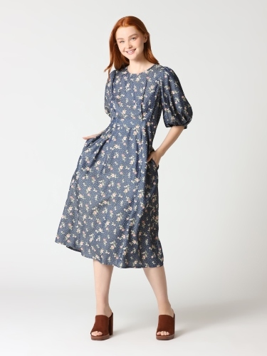 Floral Print Puff Sleeve Round Neck Long Dress - Gracia D32724 - Aaria Tees