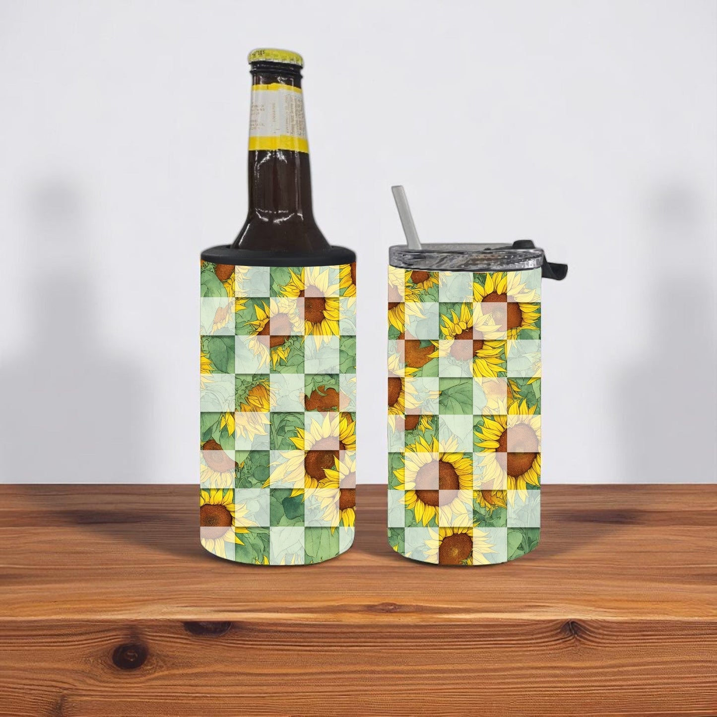Sunflower Bloom Checkered 4-in-1 Can Cooler Cup