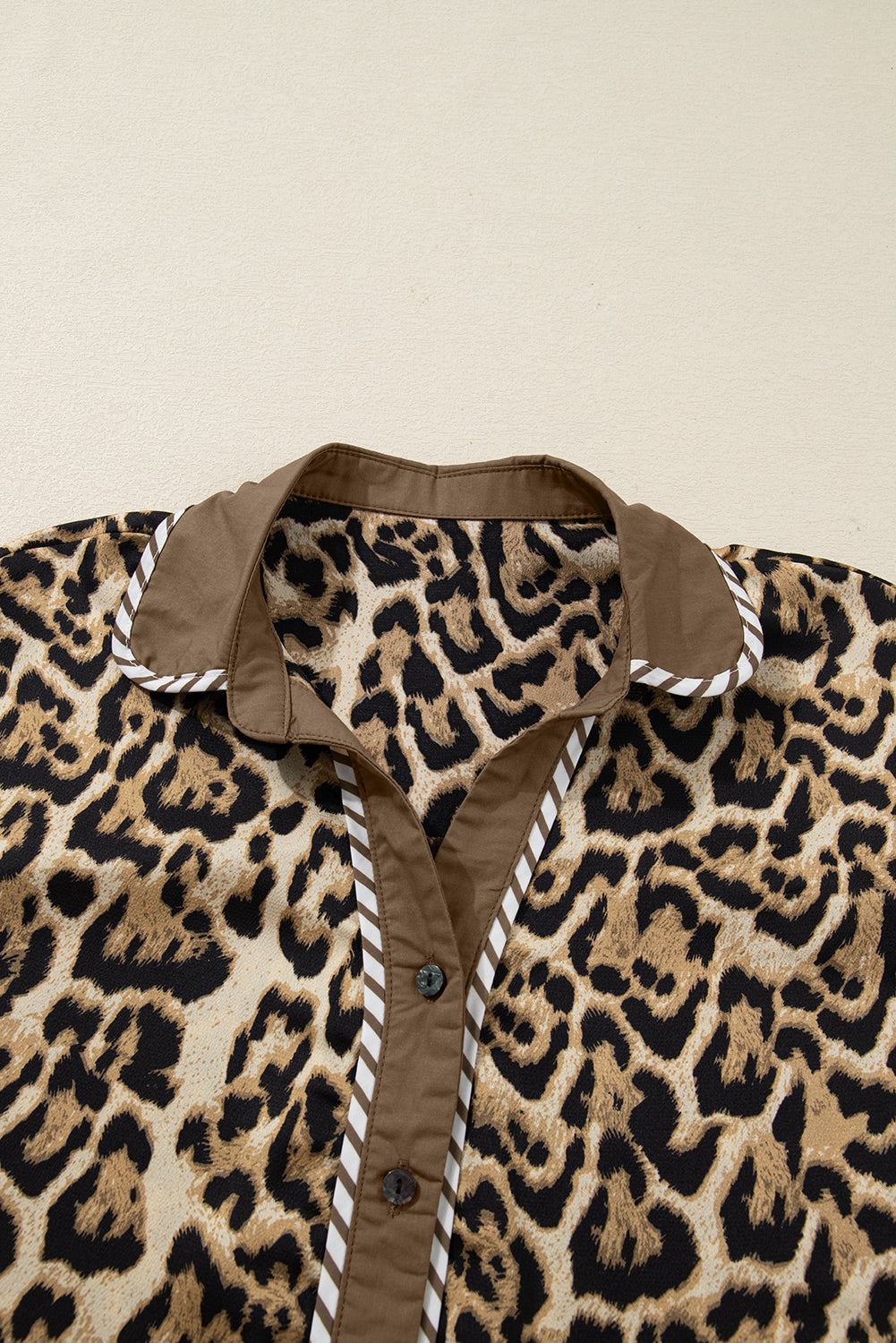 Brown Leopard Collared 3/4 Sleeve Shirt and Loose Pants Two Piece Outfit Set