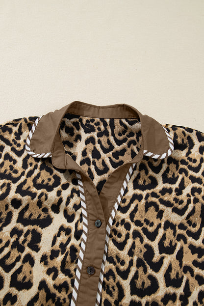 Brown Leopard Collared 3/4 Sleeve Shirt and Loose Pants Two Piece Outfit Set