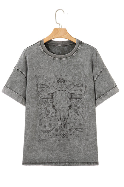Light Grey Western Steer Head Tie Dye Print Crew Neck T Shirt