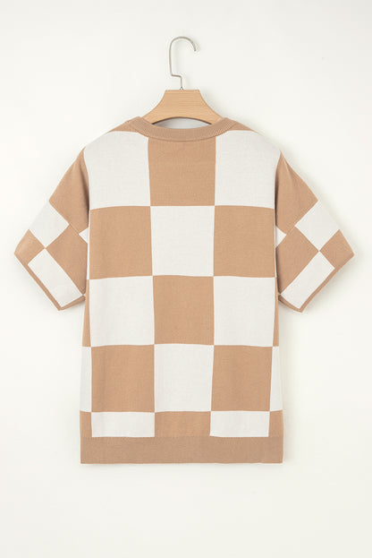 Light French Beige Checkered Pattern Loose Drop Shoulder Half Sleeve Sweater