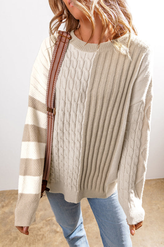 Cable Knit Color Block Crew Neck Sweater Threaded Pear