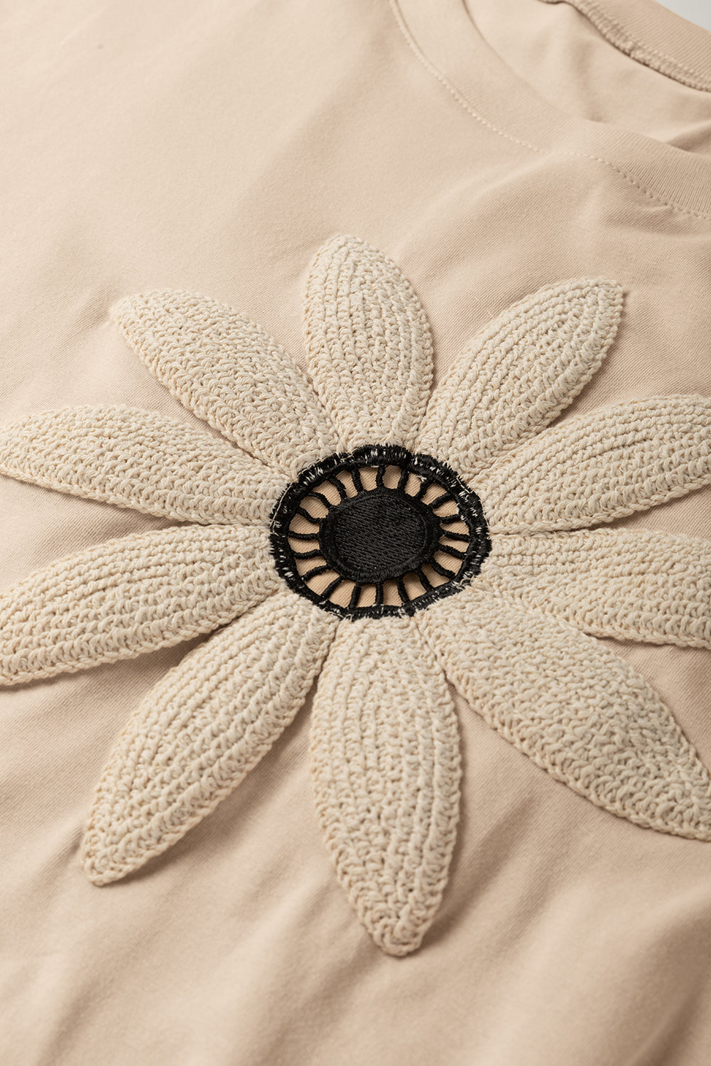 Oatmeal Contrast Crochet Floral Graphic Drop Shoulder Loose Tee