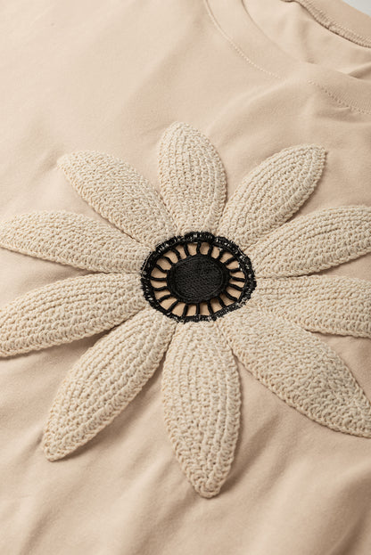 Oatmeal Contrast Crochet Floral Graphic Drop Shoulder Loose Tee