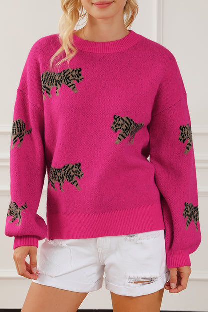 Rose Red Fierce Animal Pattern Casual Knitted Sweater Aaria Tees