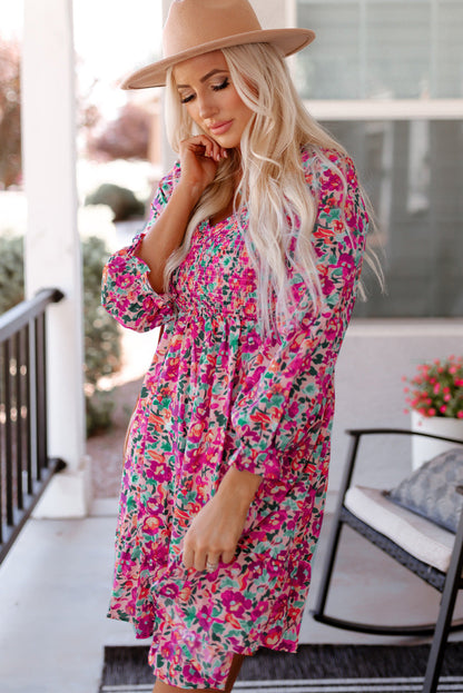 Purple Smocked V Neck Puffy Sleeve Floral Dress Aaria Tees