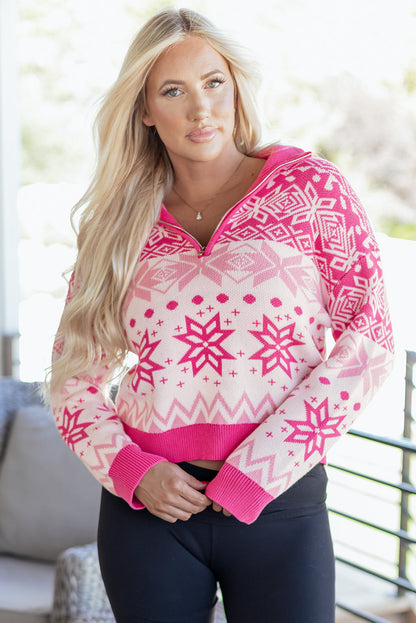Rose Red Christmas Snowflake Quarter Zip Collard Sweater