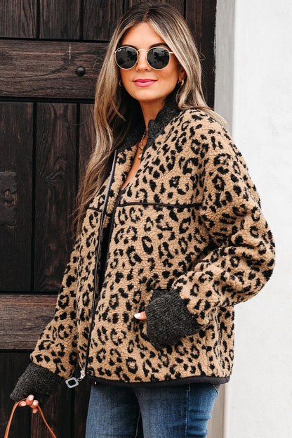 Leopard Zip-Up Stand Neck Side Pocket Jacket