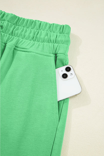 Bright Green Drop Shoulder Puff Sleeve Crop Pullover Drawstring Wide Leg Pants Set