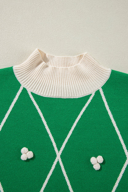 Christmas Geometric Diamond Pom Long Sleeve Sweater