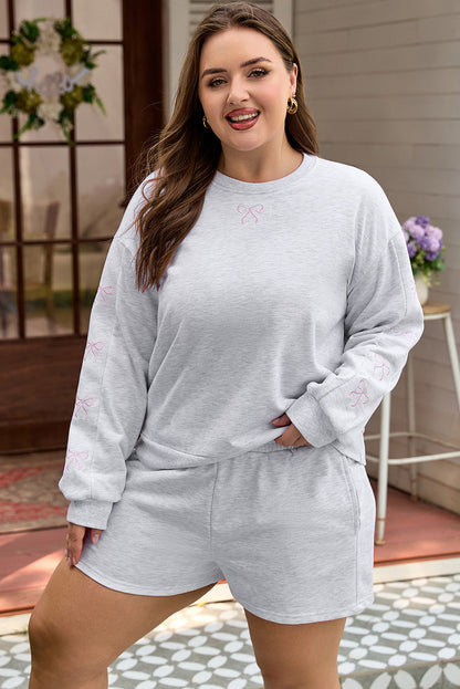 Plus Size Bow Embroidered Pullover and Shorts Set