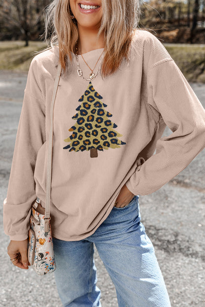 Apricot Leopard Christmas Tree Graphic Corded Sweatshirt