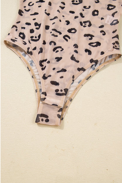 Khaki Mock Neck Sheer Mesh Leopard Long Sleeve Bodysuit