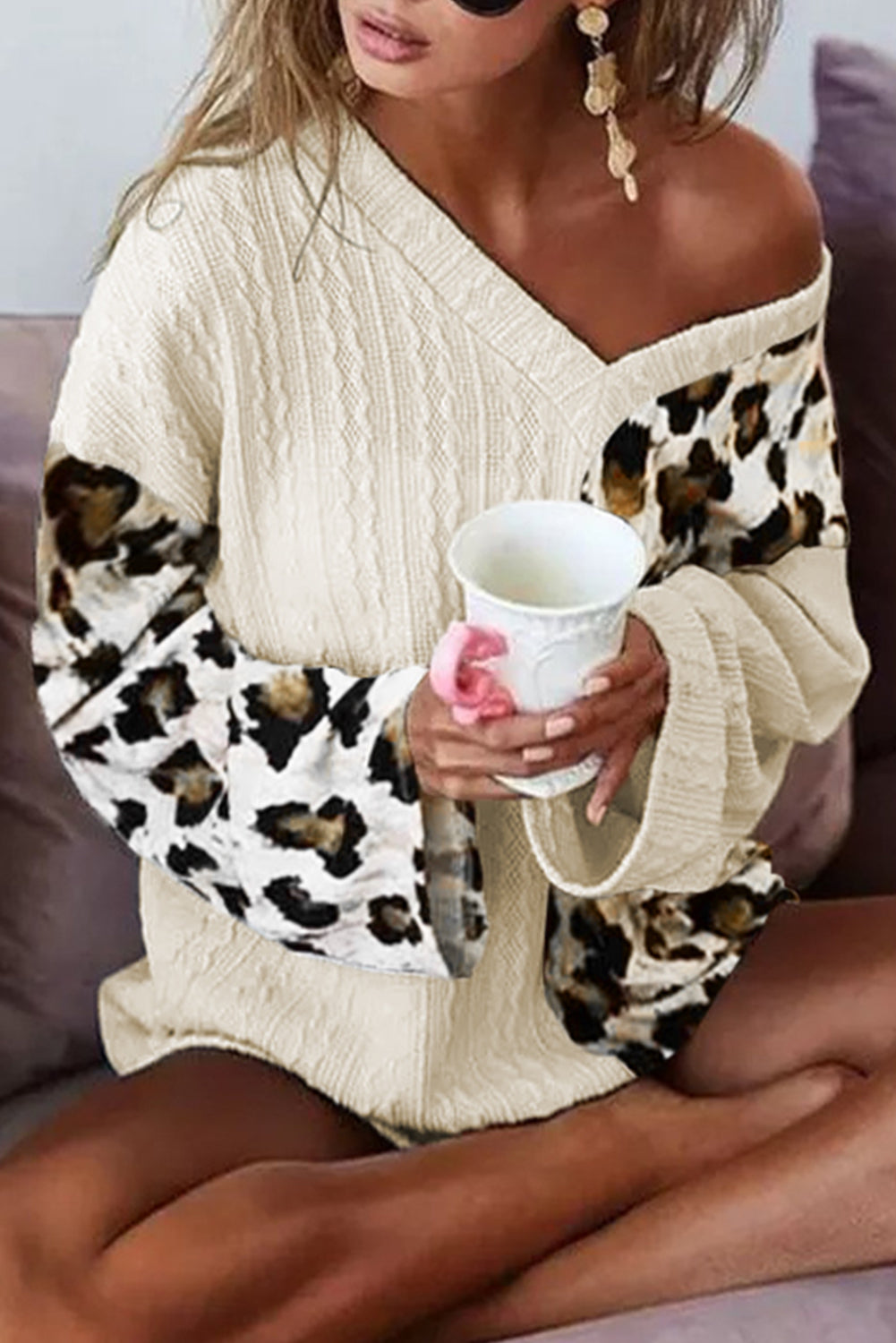 Beige Asymmetric Leopard Patchwork Wide Sleeve V Neck Sweater Aaria Tees