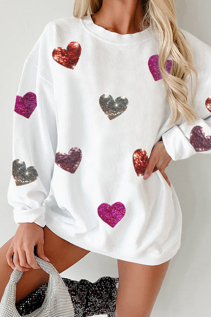 White Valentines Heart Patched Pattern Corded Pullover Sweatshirt