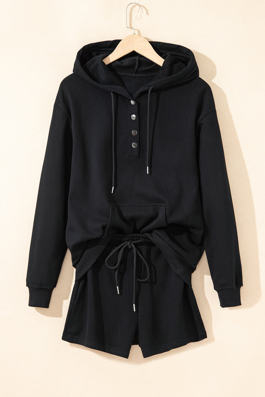 Black Button Drawstring Hooded Pullover and Casual Short Set