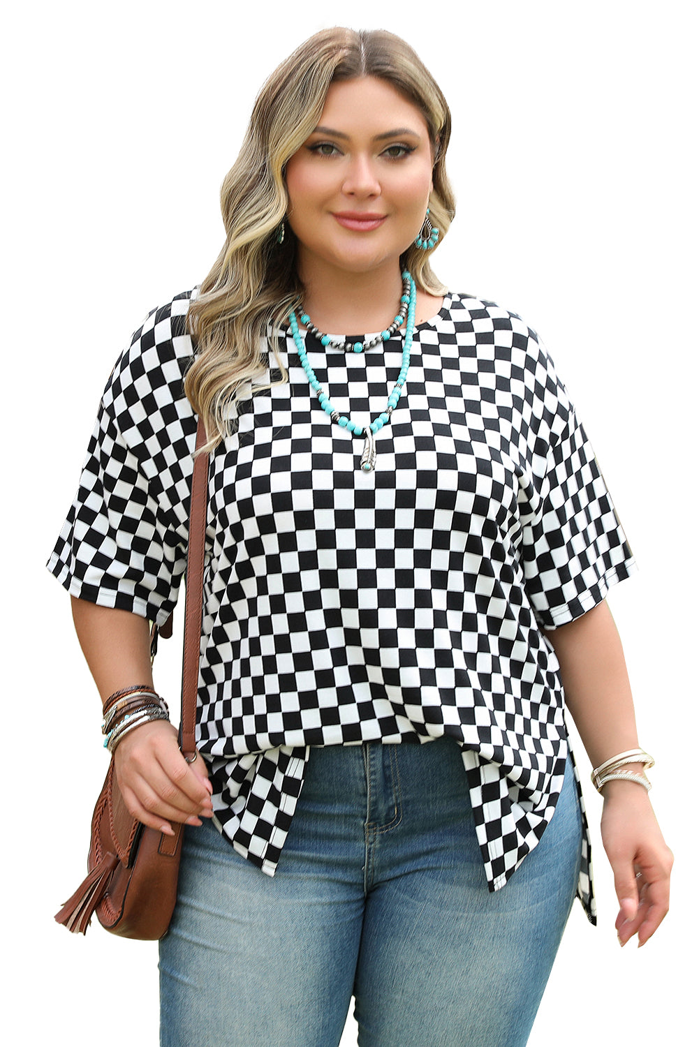 Black Checkered Print Side Slits O Neck Plus Size T Shirt - Aaria Tees