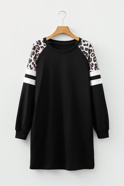 Black Leopard Print Patchwork Varsity Raglan Sleeve Sweatshirt Dress