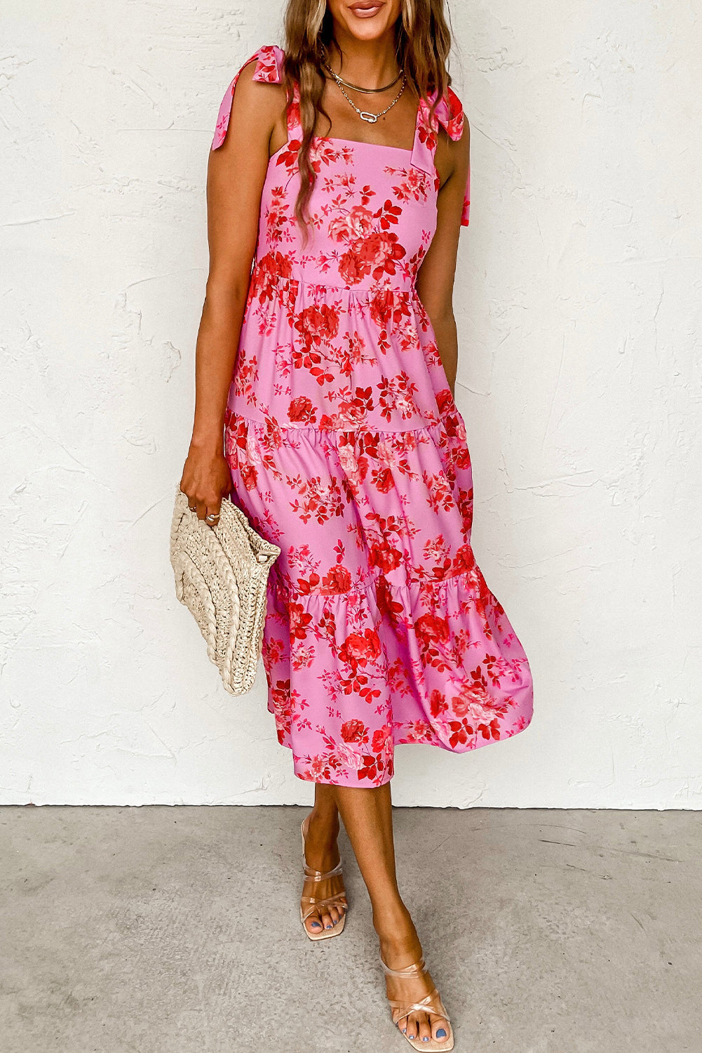 Pink Tie Shoulder Straps Tiered Floral Dress Aaria Tees