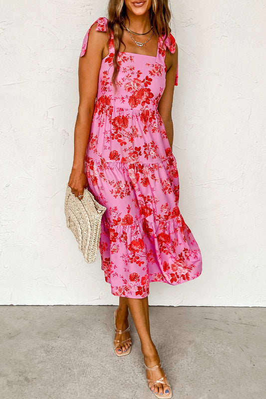 Pink Tie Shoulder Straps Tiered Floral Dress Aaria Tees