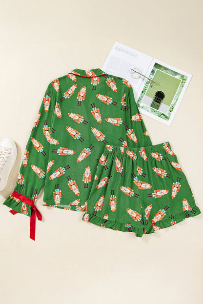 Christmas Bow Top and Ruffle Shorts Pajama Set
