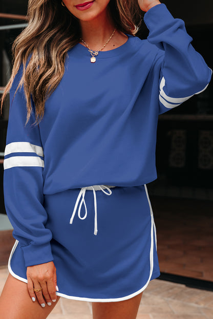 Sky Blue Varsity Stripe Detail Drop Shoulder Pullover Mini Skirt Set