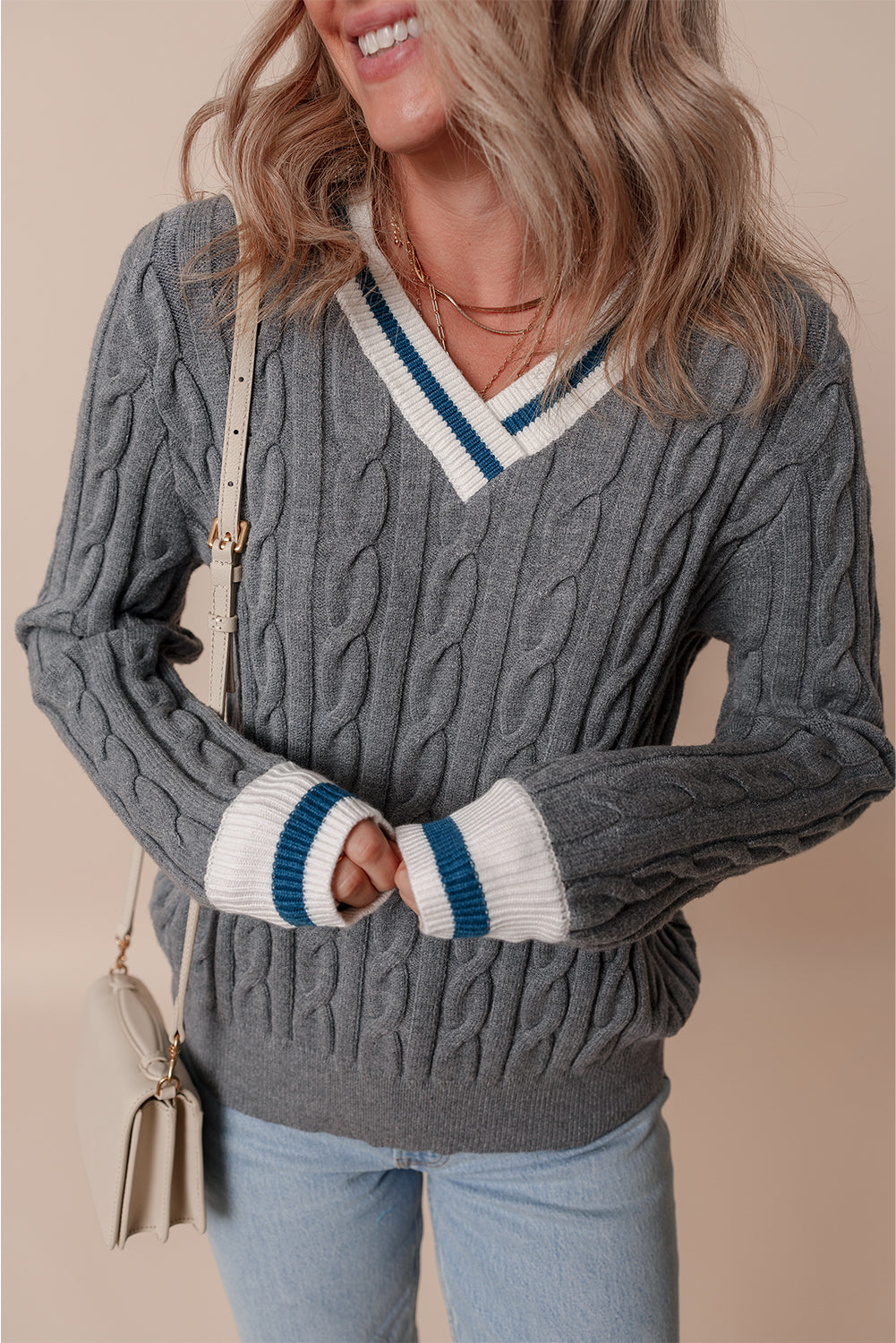 Kayle Ribbed Edge Cable Knit V Neck Sweater Threaded Pear