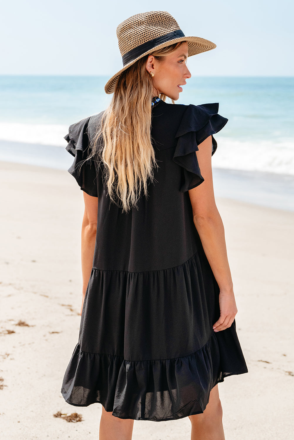 Black Floral Embroidered Tiered Ruffled Mini Dress Aaria Tees