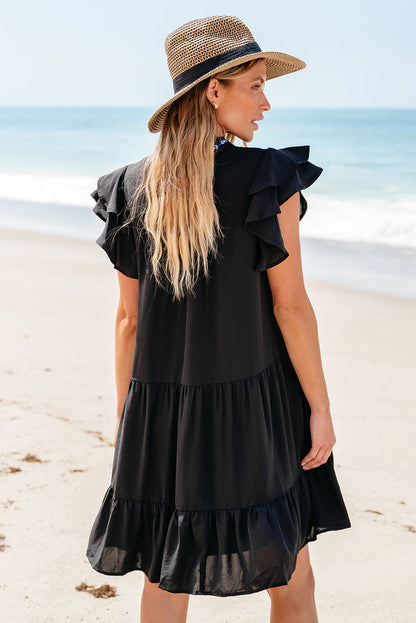 Black Floral Embroidered Tiered Ruffled Mini Dress Aaria Tees