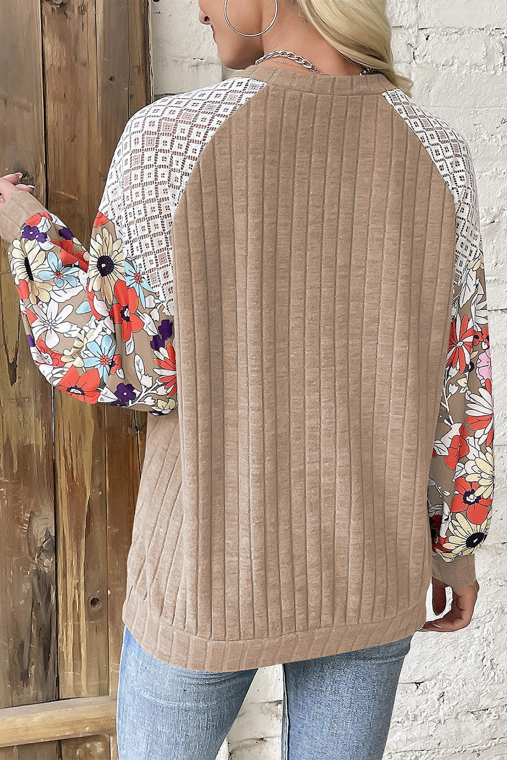 Black Floral Patchwork Long Sleeve Ribbed Blouse Aaria Tees