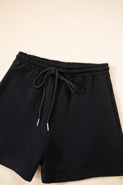 Black Button Drawstring Hooded Pullover and Casual Short Set