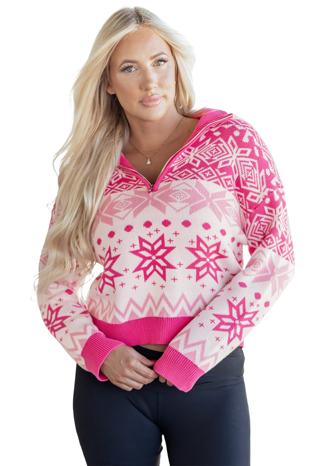 Geometric Christmas Snowflake Quarter Zip Collar Sweater