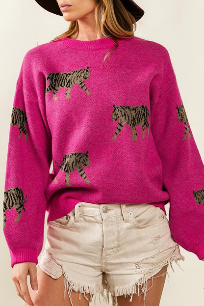 Rose Red Fierce Animal Pattern Casual Knitted Sweater Aaria Tees