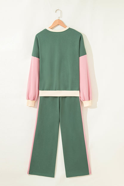 Light Pink 2pcs Color Block Pullover Loose Pant Set