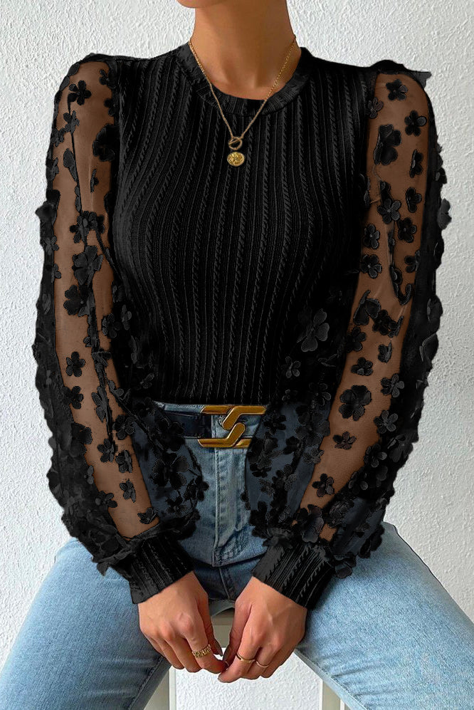 Black Floral Applique Mesh Sleeves Textured Knit Blouse Aaria Tees