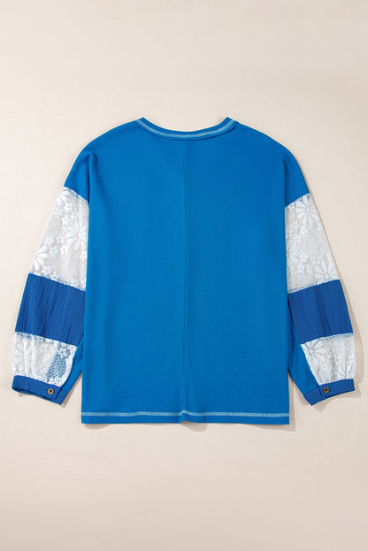 Sky Blue Lace Floral Patchwork Sleeve Stitching V Neck Rib Knit Blouse Aaria Tees