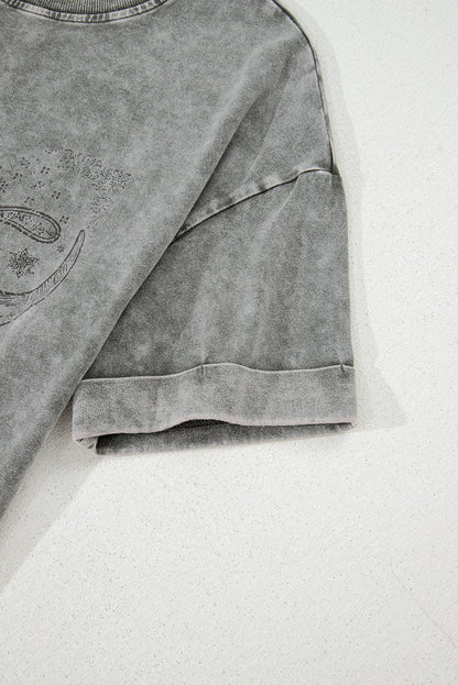 Light Grey Western Steer Head Tie Dye Print Crew Neck T Shirt - Aaria Tees