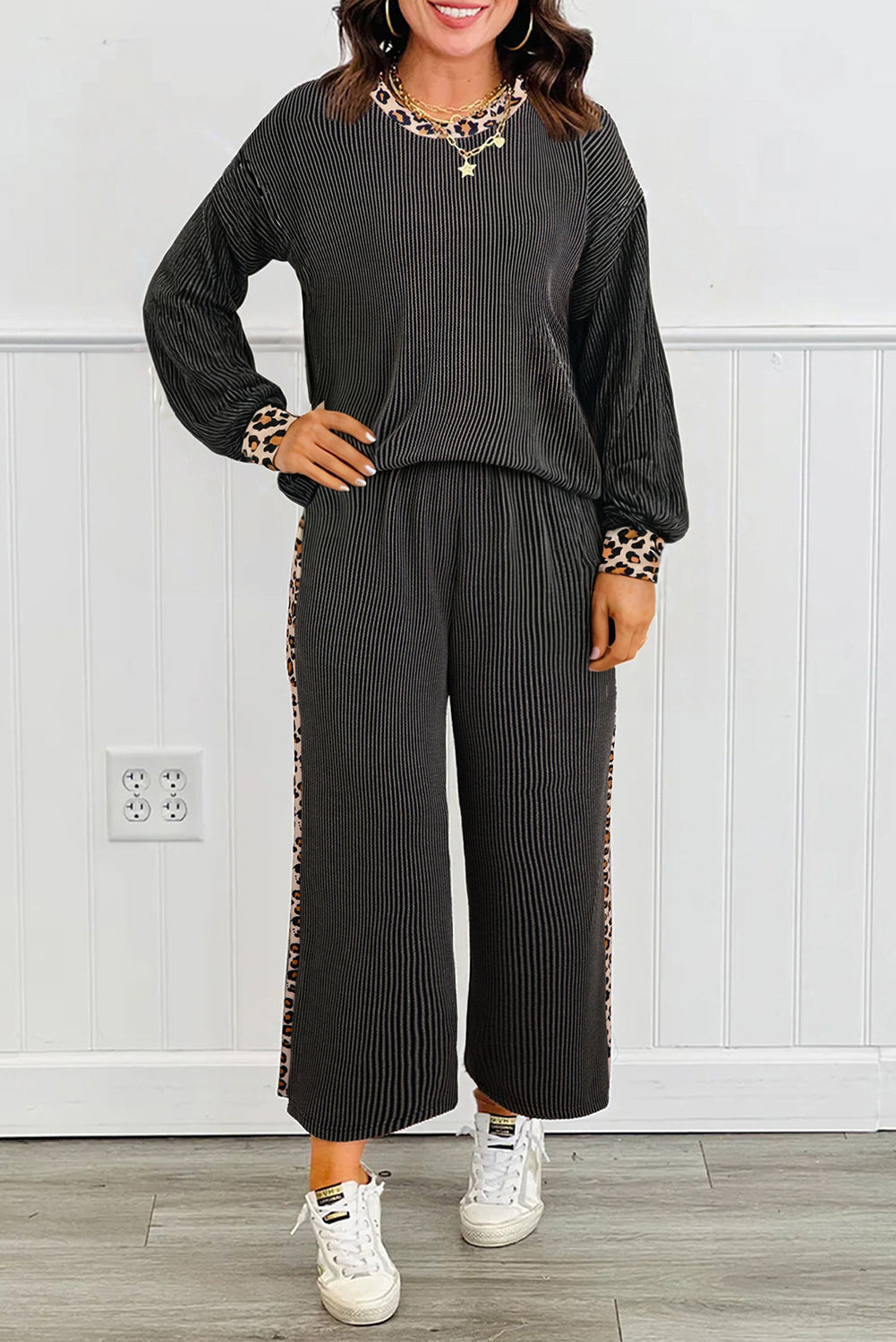 Carbon Grey Twisted Rib Texture Leopard Patchwork Detail 2pcs Pant Set