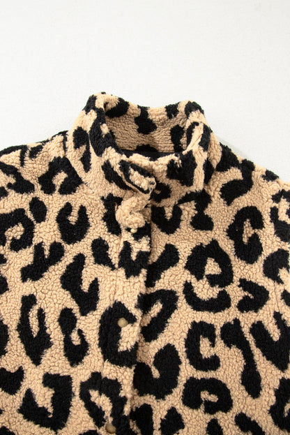 Plus Size Leopard Sherpa Buttoned Vest Jacket