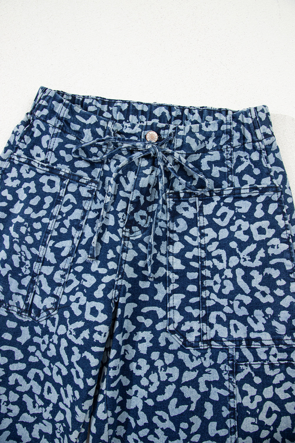 Blue Leopard Printed Drawstring Waist Pocketed Wide Leg Jeans