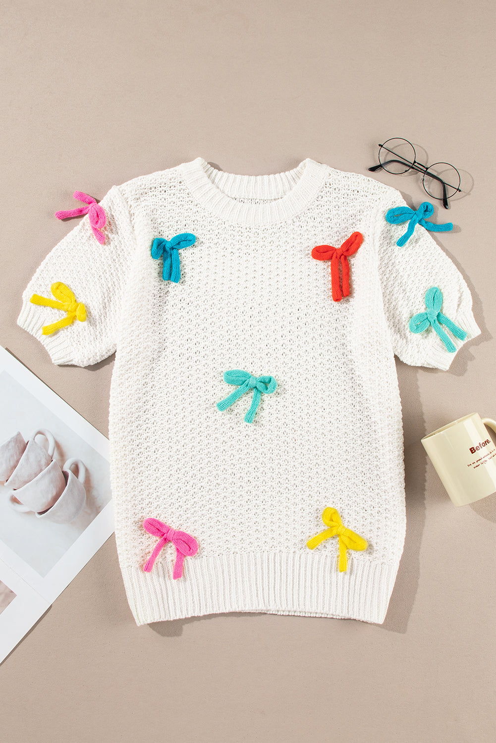 White Colorful Bow Knit Mock Neck Short Sleeve Sweater Aaria Tees