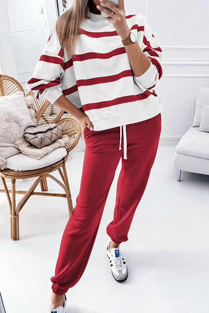 Brown Stripe Striped Drop Shoulder Pullover and Jogger Pants Set Aaria Tees