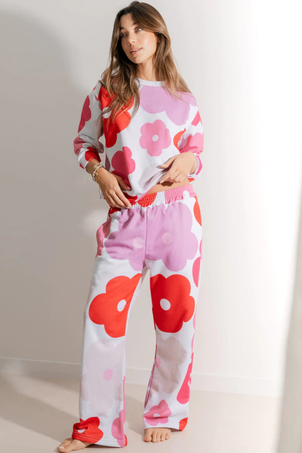 White Floral Print Pullover Top Sweatpants Lounge Set Aaria Tees