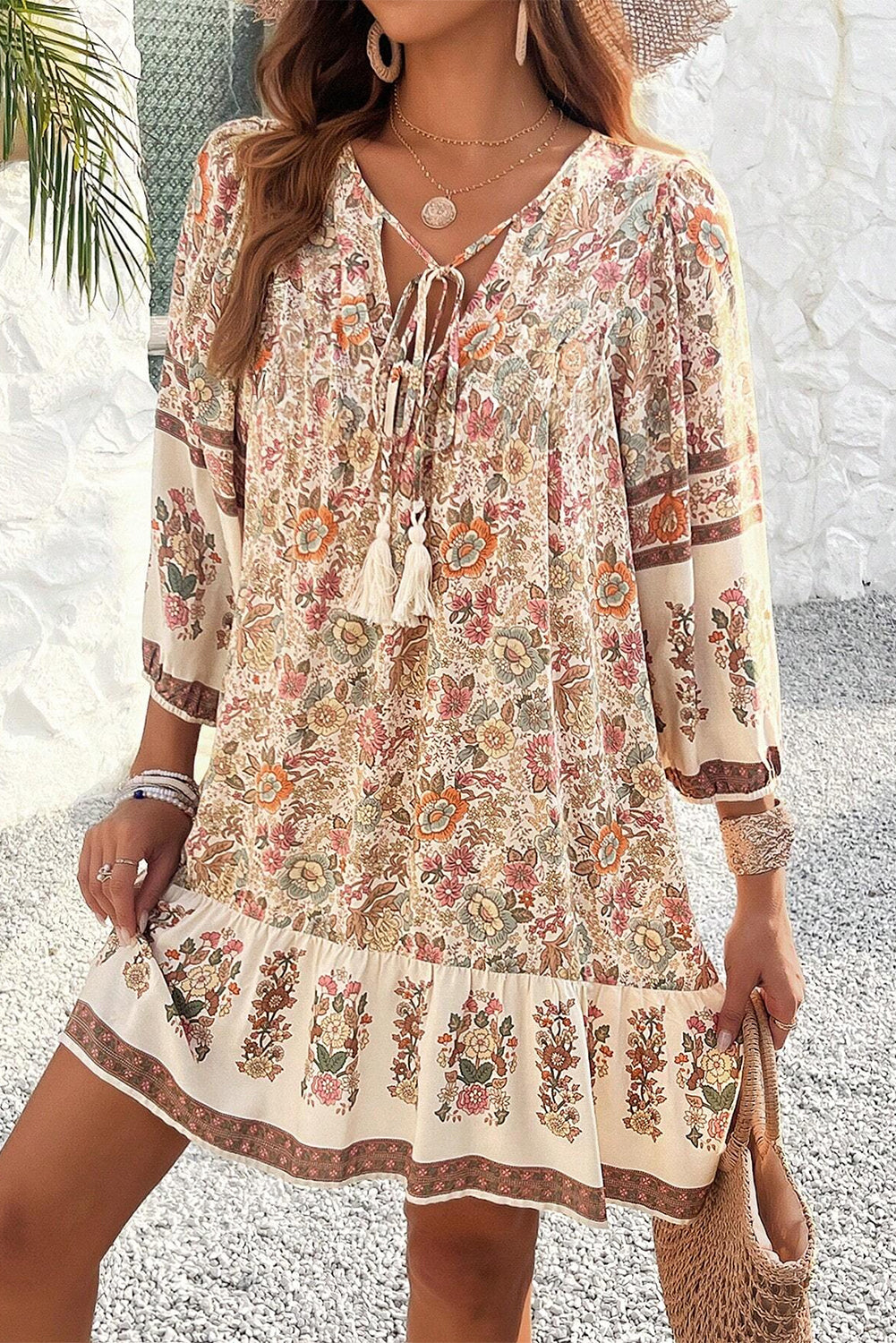 Apricot Floral Print Tassel Drawstring V Neck Loose Mini Dress Aaria Tees